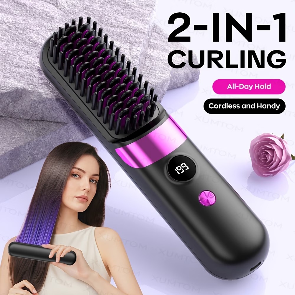2-in-1 Cordless Hair Straightener & Curler Brush with Digital Temperature Display